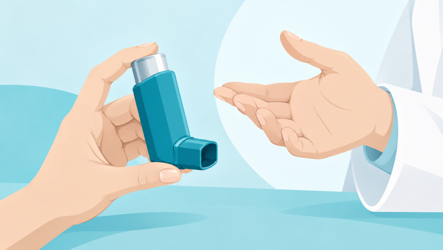 Illustration: Zwei Hände zeigen die Handhabung eines Dosieraerosols bei einer persönlichen Beratung.