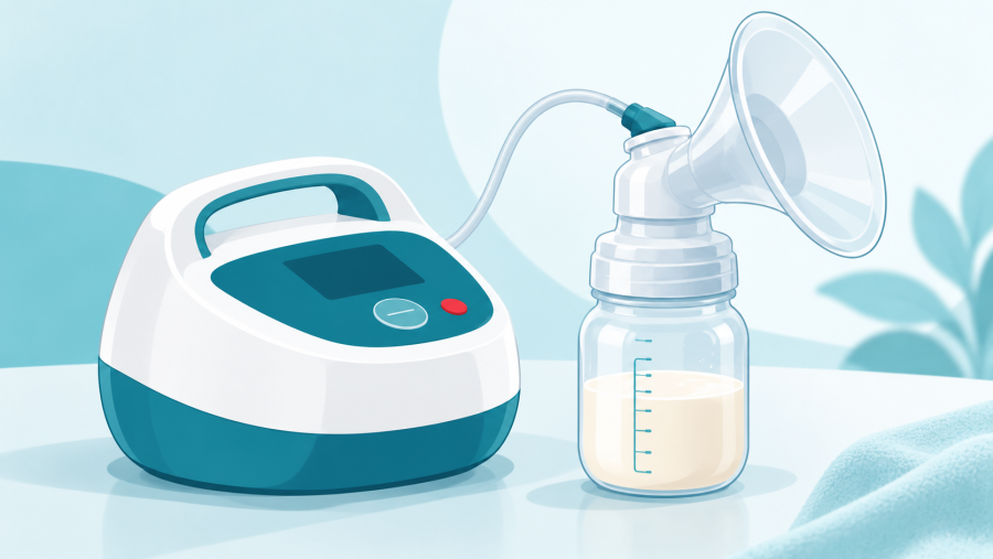 Illustration einer elektrischen Milchpumpe mit Schlauch, Brusthaube und Auffangflasche.